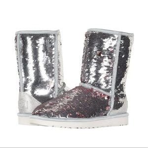 UGG Women Classic Short Sequin Sparkle Boots Silver Pink Reversible Size 6 7 8 9